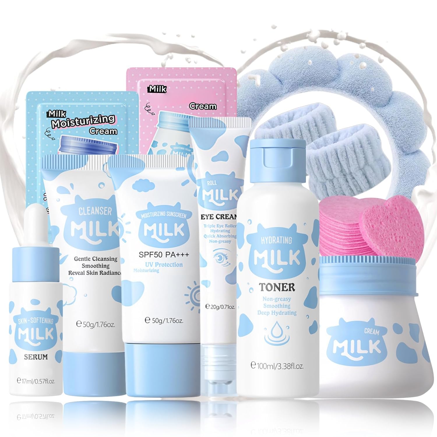 Milk Skin Care Kit Teenage Girls Gifts - 11PCS Skin Care Set Nourishing - Skin Care for Teens 10-12 - Smooth & Hydrating Skincare Gift Set - with Toner,Eye Cream,Serum,Facial Sponges,Headband