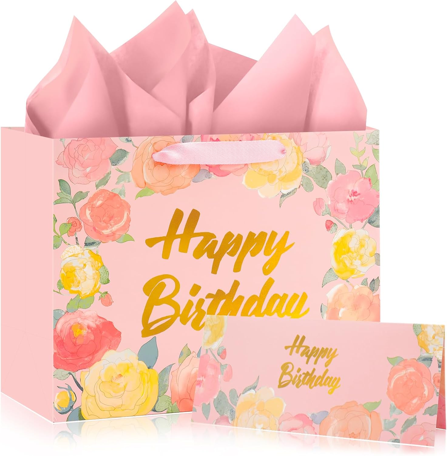 Briurdo 12” Large Floral Happy Birthday Gift Bag Set with Handles, Greeting Card, Tissue Papers for Women Girls, Rose Design