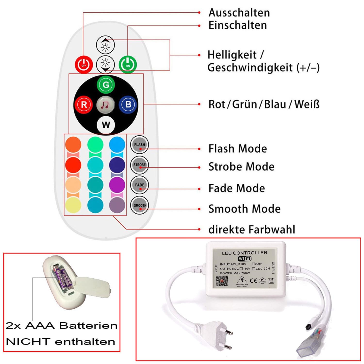 Tira LED RGB 30m controladas por WIFI, Tira de luces dimmable con telemando IR & alimentación 220V, 5050 SMD 60 LEDs/m, impermeable IP65, compatible con APP Tuya