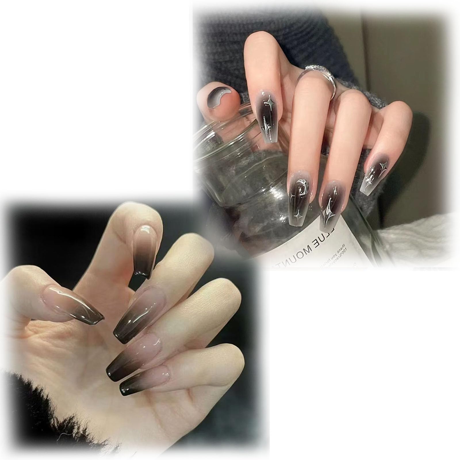 2 boxes of 48 pieces press on nails, fake nails for women moon star black gradient design, nail extensions kit with 8 tools, easy to apply for party wedding special occasion