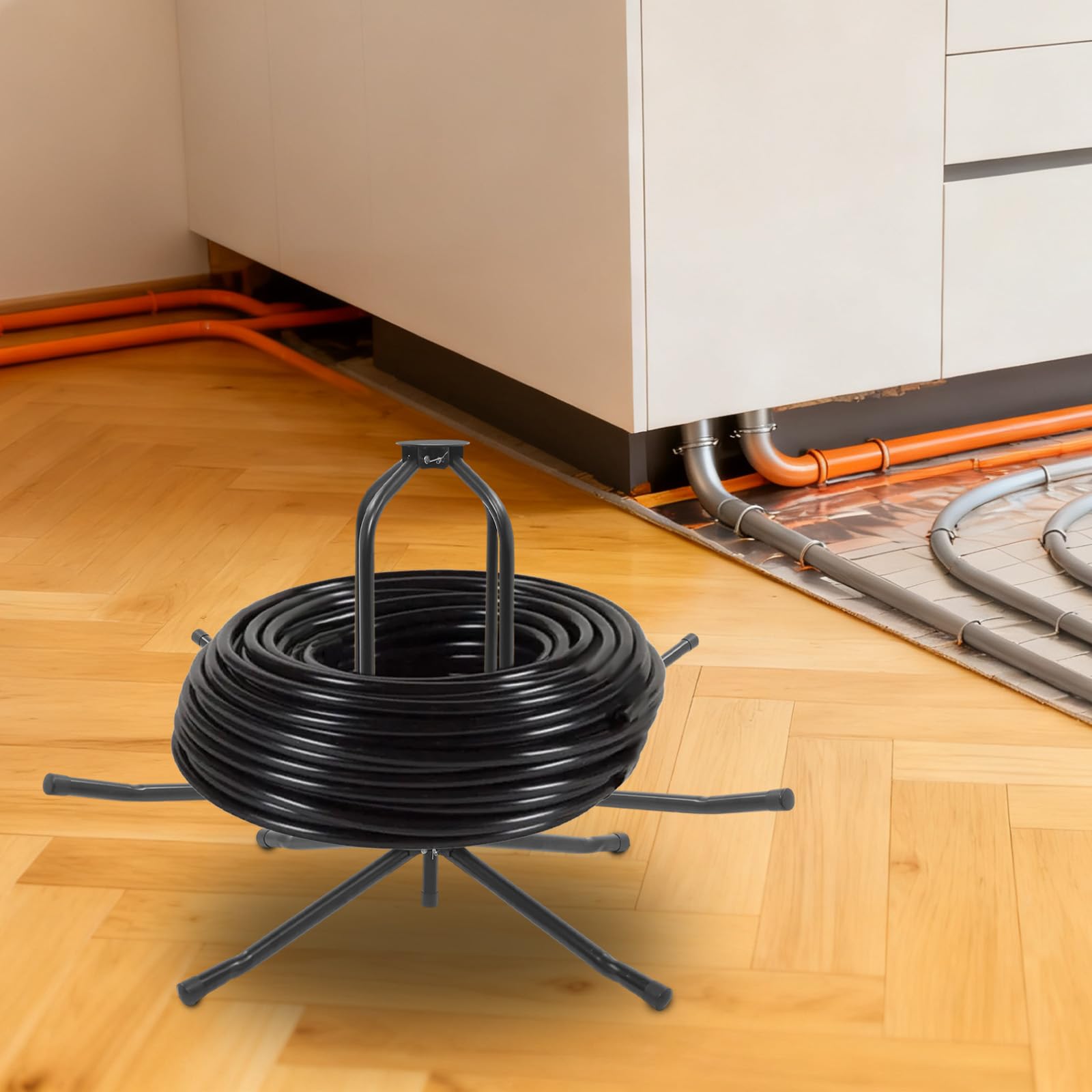 Rebobinador de calefacción por suelo radiante ajustable para tubo con bolsa | Capacidad de carga de 200 kg, dispensador de bobinas para PEX, PERT, tubos de calefacción y tuberías de agua