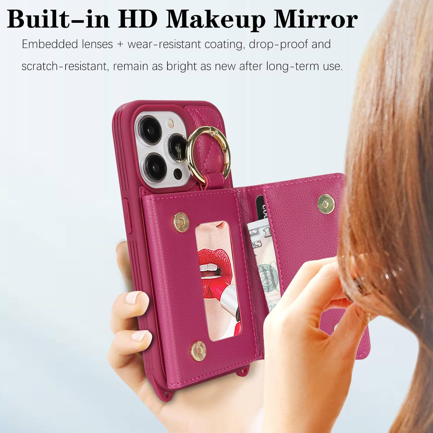 for iPhone 15 Pro Case with Card Holder and Strap for Women,Crossbody Lanyard, Make Up Mirror,Ring Stand,Snap Clasp,Cute Phone Wallet Cases 6.1 inch - Rose red