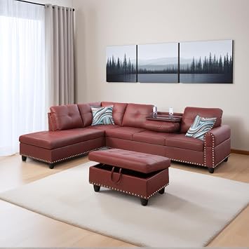 L Shaped Sectional Sofa Set, Faux Leather Couch with Storage Ottoman, Cup Holder and 2 Pillows, 3 Piece Sets Living Room FurnitureFacing Left Chaise,Red