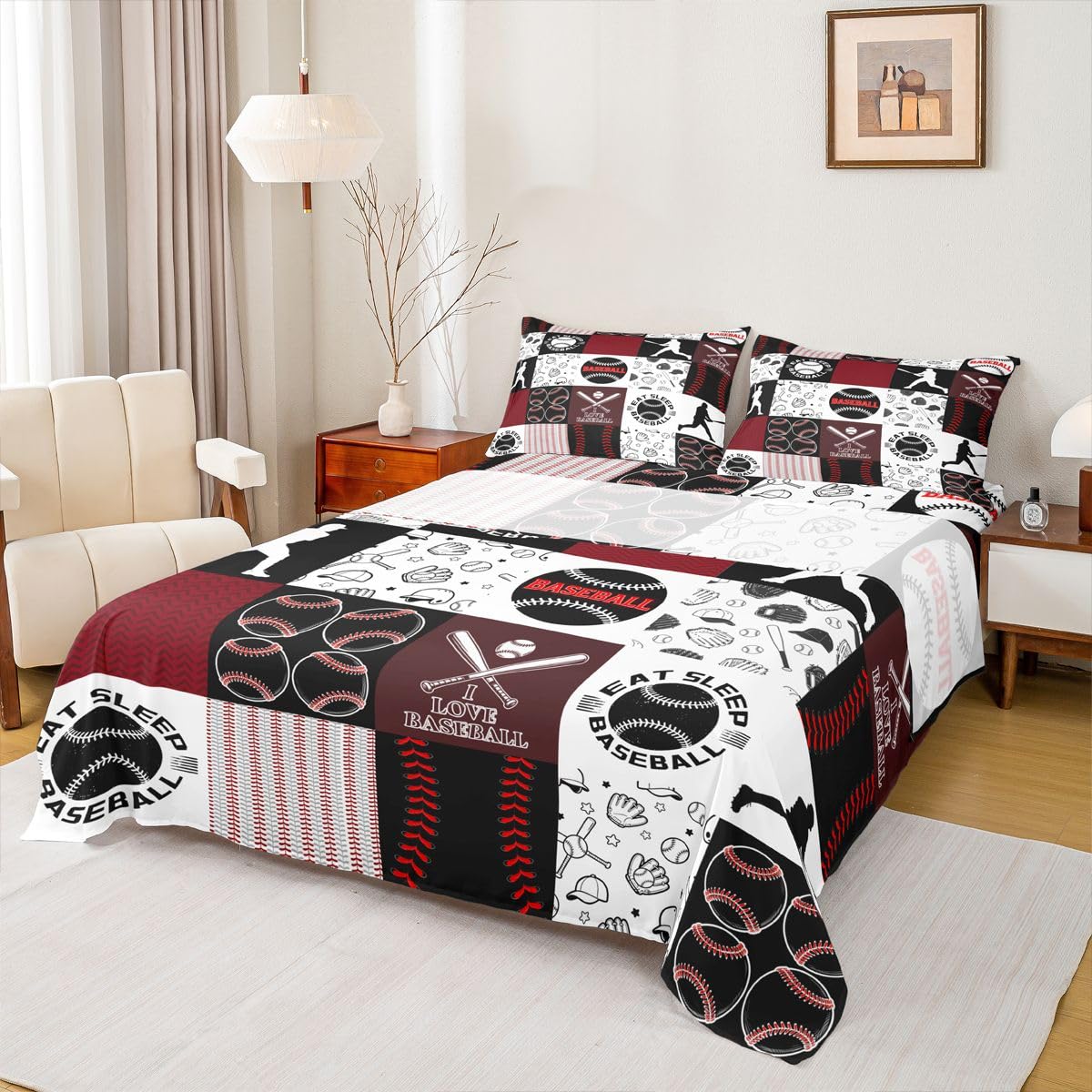 Castle Fairy Baseball Fitted Sheet Set Full Size 4 Pcs,Patchwork Baseball Teens Sheets,Sports Geometric Grid Red Bedding Sets (1 Fitted,1 Flat,2 Pillowcases) Luxury Deep Pocket Bed Sheets
