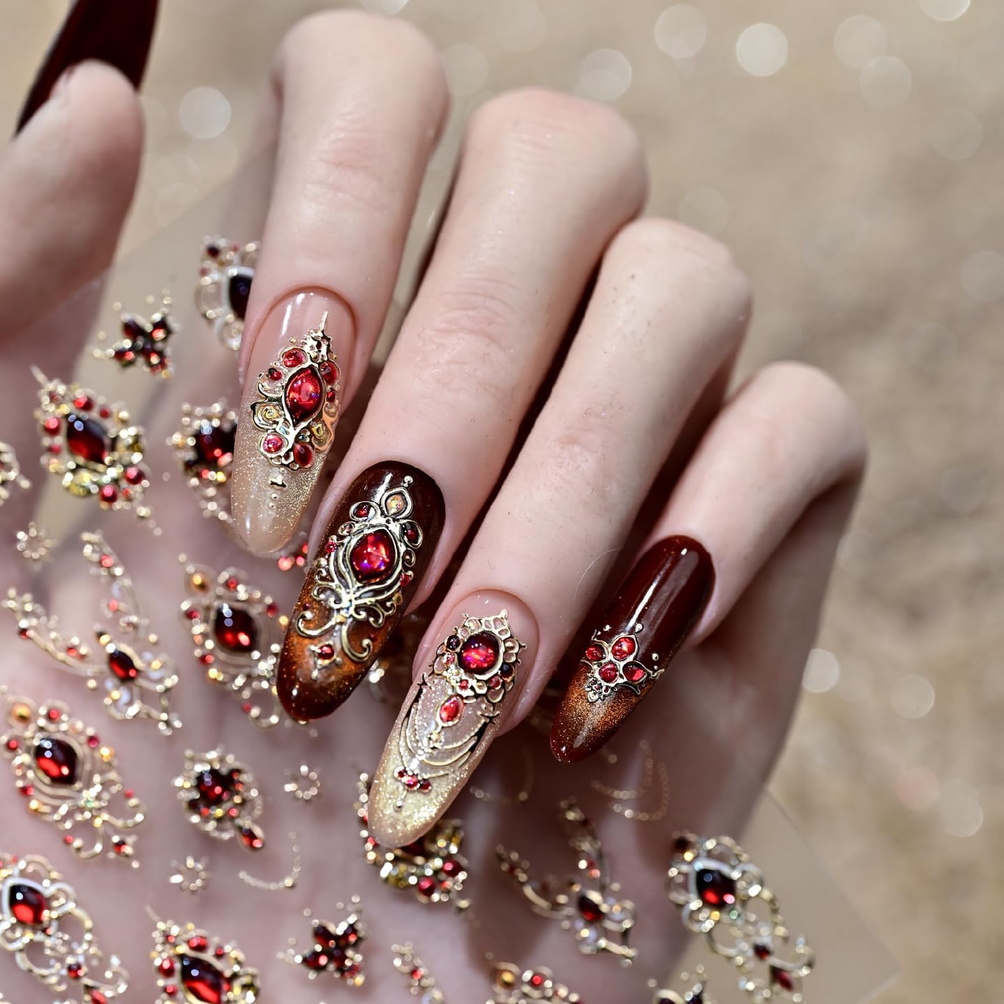 5D Embossed Red Mace Nail Stickers Gold Retro Nail Art Stickers Self-Adhesive Jerry Gemstone Nails Decals with Design for Women Girls Manicure Decoration image 3