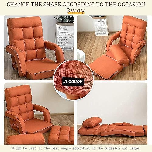 Miniatura 12 de FLOGUOR Silla de suelo, tumbona para interiores, sofá perezoso plegable ajustable de 14 posiciones con reposabrazos y una almohada, sillas