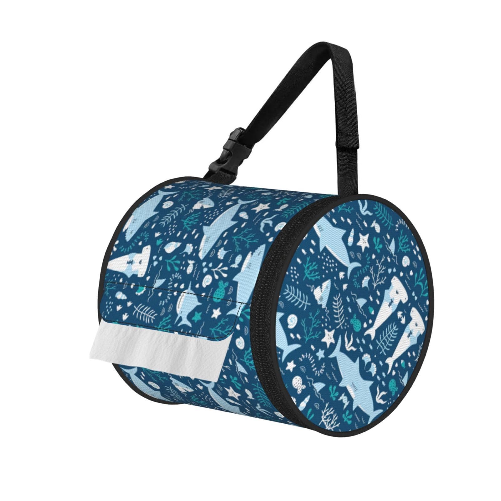 Cute Blue Fish Print Round Paper Tissue Holder With Shoulder Strap, Portable Roll Case For Caravan Travel Use