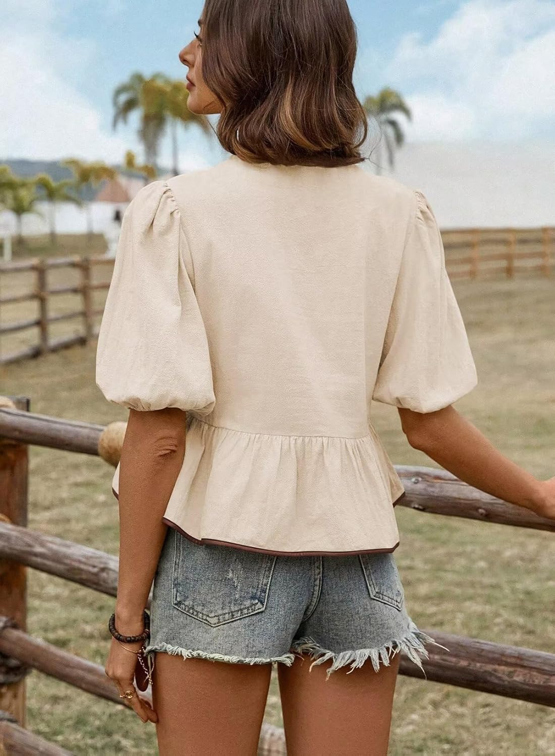 Womens Summer Tops Bowknot Puff Short Sleeve Blouses Dressy Casual Cute Babydoll Flowy Peplum Shirt for Women - Image 3