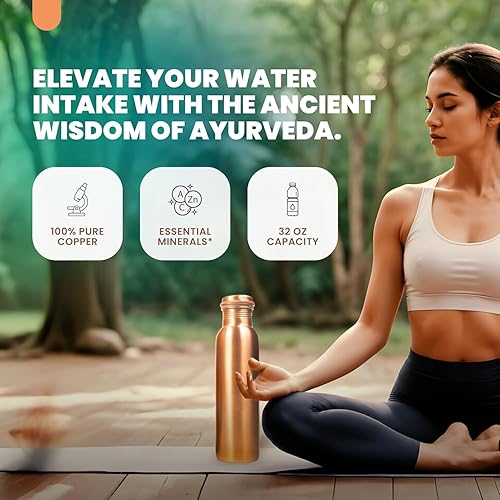 Miniatura 7 de Botella de agua de cobre puro (capacidad de 34 onzas33.8 fl oz) a prueba de fugas, hecha a mano, acabado natural