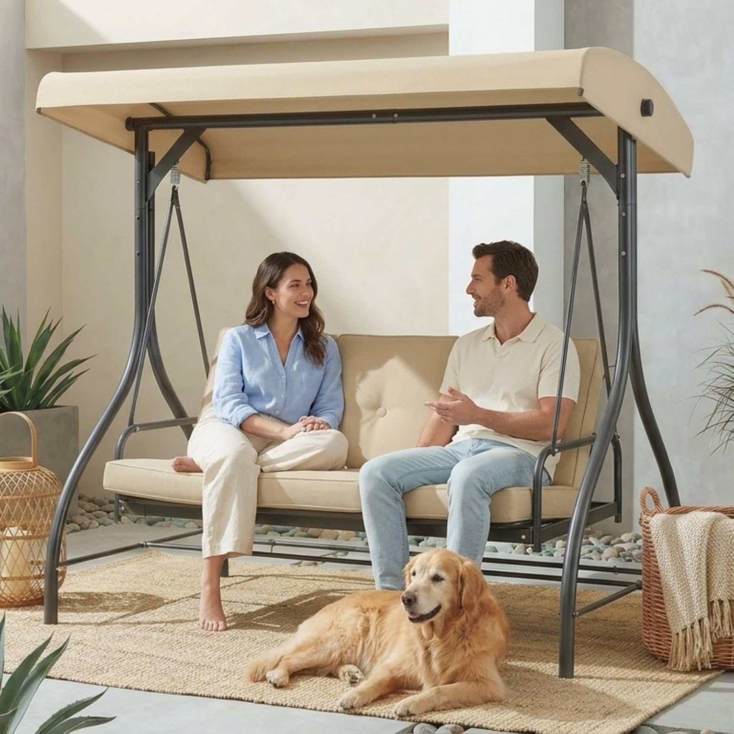 TLSUNNY 3-Seat Outdoor Patio Porch Swing with Adjustable Canopy & Backrest, Convertible Glider Bed with Stand, Removable Seat Cushion, 45° Tilt Adjustment for Backyard, Poolside, Balcony - 750LBS