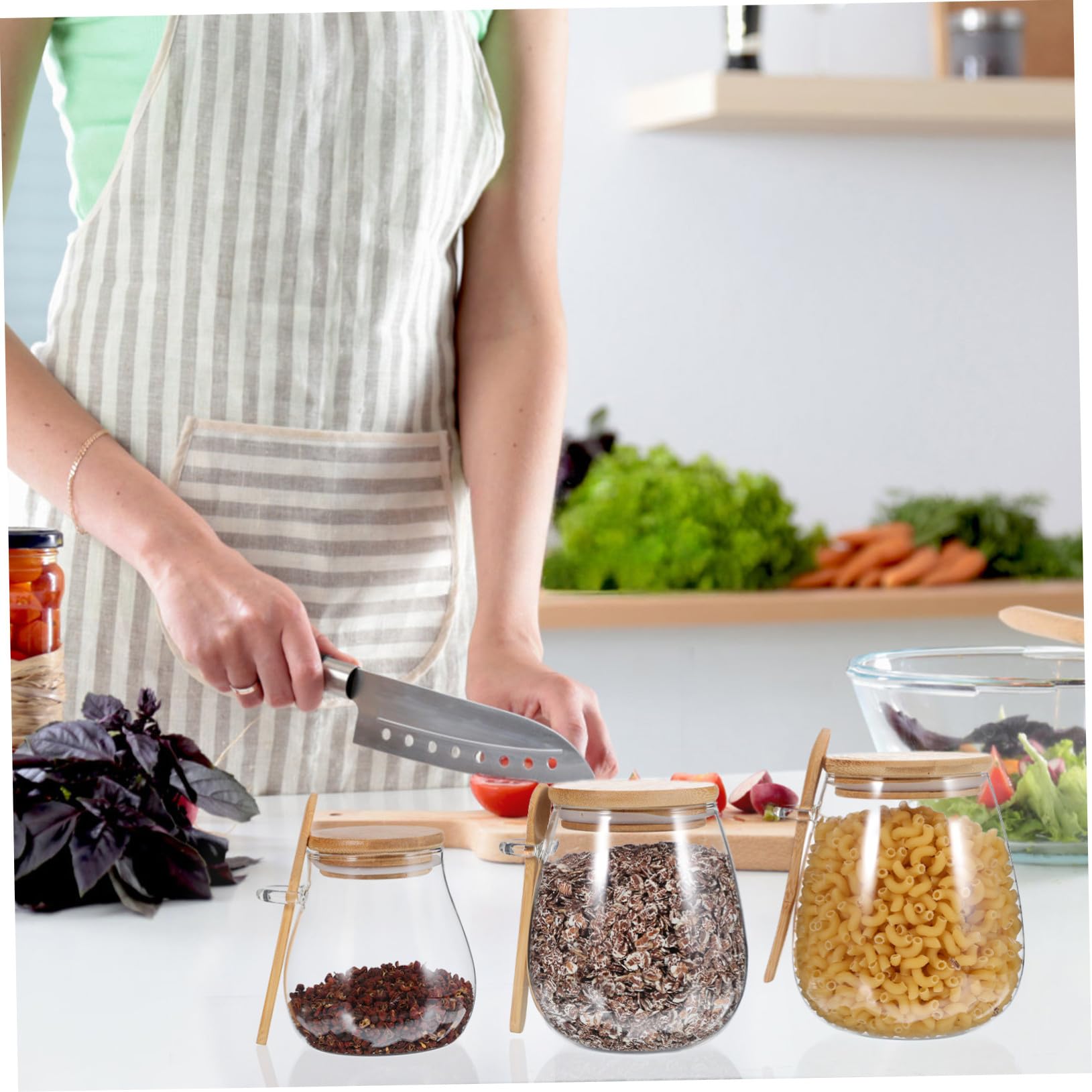 3 Stück Teiliges Glas Vorratsgläser mit Holzdeckel und Löffel Luftdichte Aufbewahrungsgläser für Tee Overnight Oats und Getreide Verschiedene Klare Sicht Frischebewahrend