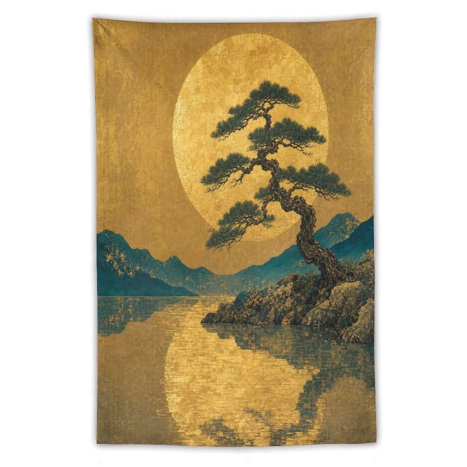 H3B8U2Y5 Golden Moon Pine Landscape Wall Tapestry, Ukiyo-e Style, Entryway