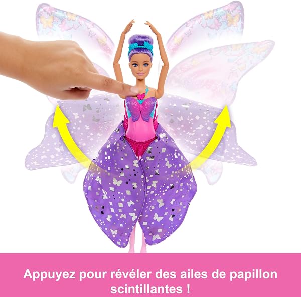 Barbie De Danseuse à Papillon Poupée Transformation 2 en 1 avec ailes qui s’ouvrent, cheveux violets, serre-tête et tutu amovible, HXJ10 - 3