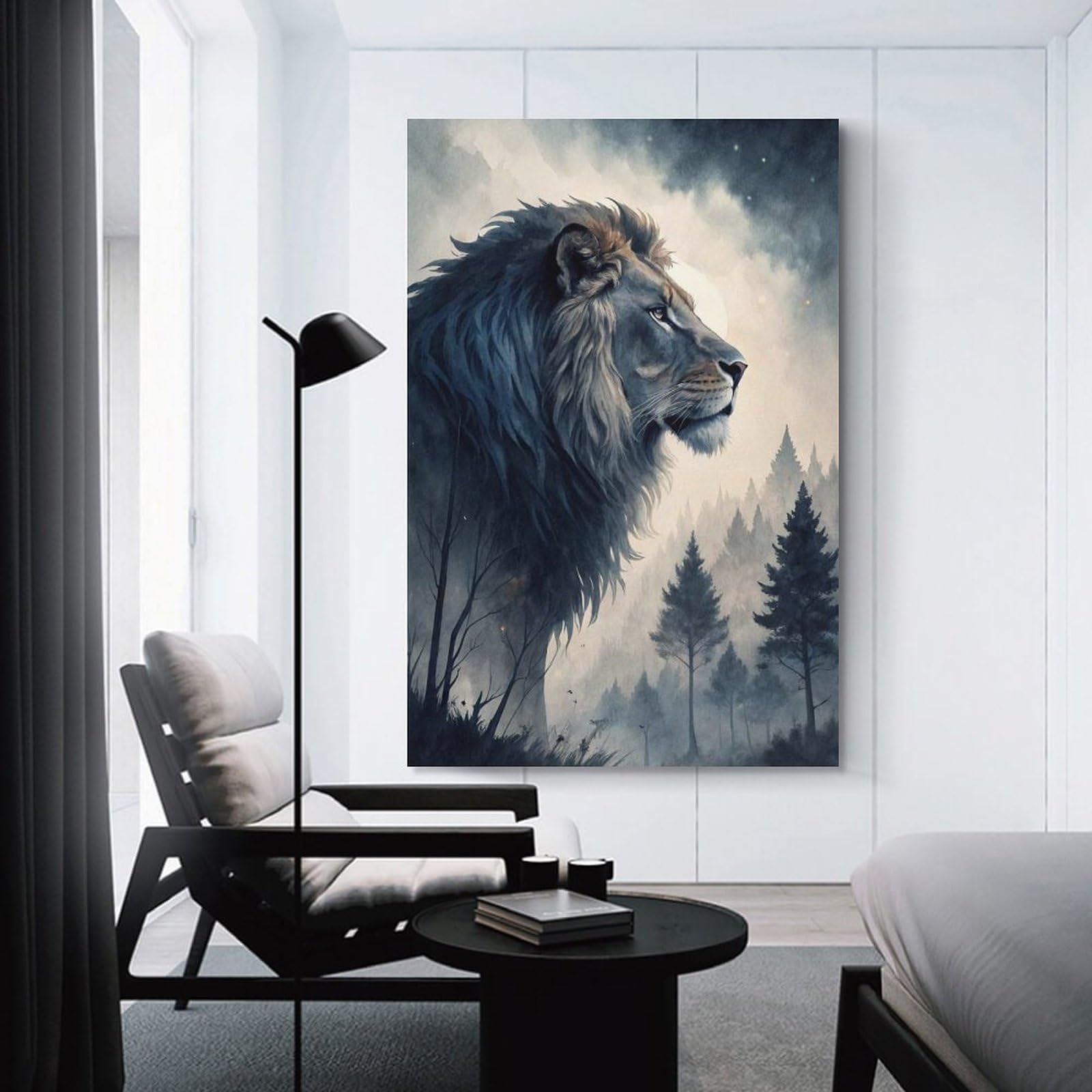 Junmoney Wall Decor Canvas Print Majestic Lion in Misty Forest, 24x36inch(60x90cm), for Sofa Walls, Lounge Or Home Corners, Modern Wall Decor for Cosy Interiors