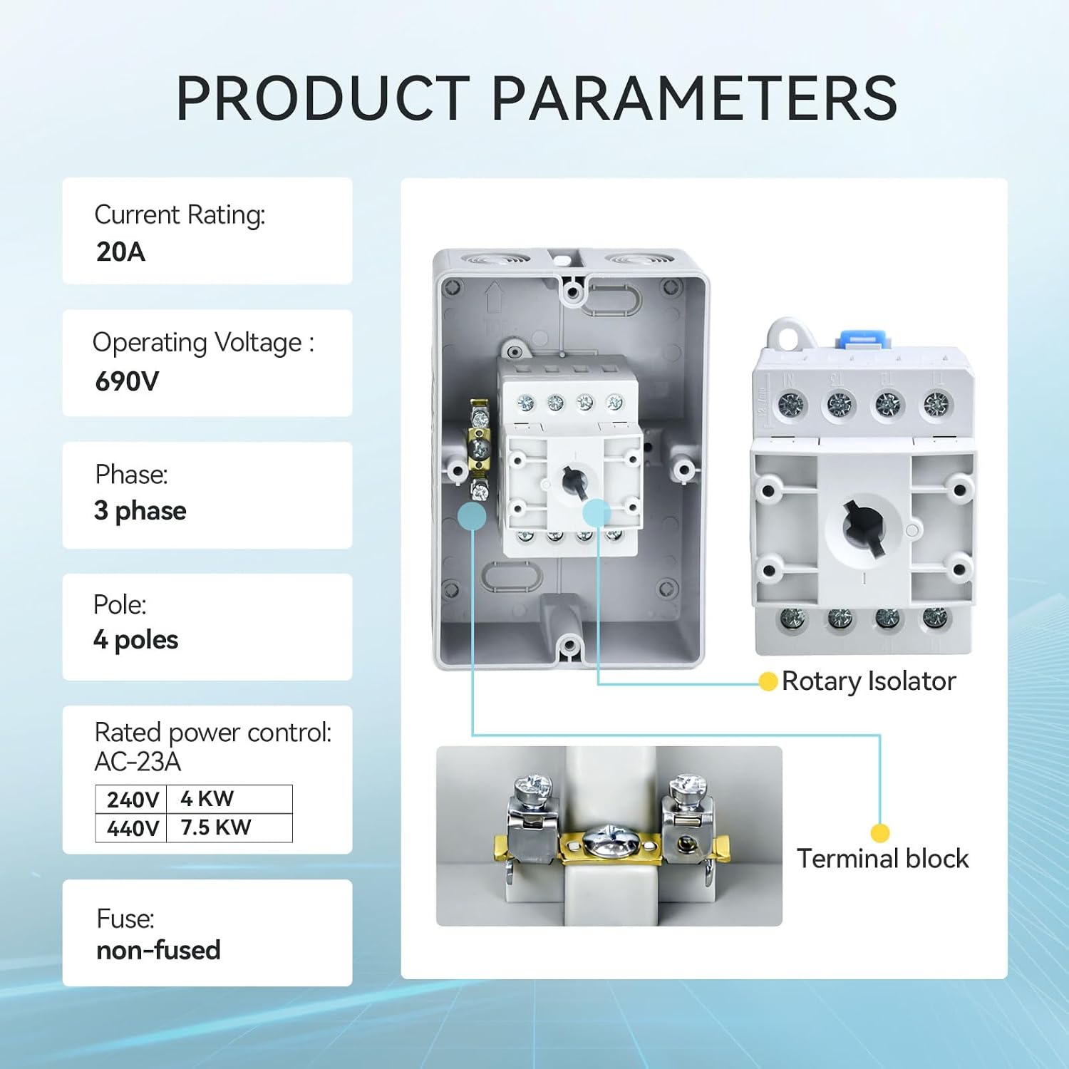 20Amp AC Disconnect Switch Box Outdoor, AC 690V Isolator Switch, 4 Pole, IP66 Waterproof Isolation PV 3 Phase Disconnect Switch On Off 2 Position