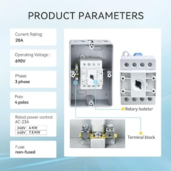 AC Disconnect Switch Box Outdoor 4 Pole 3 Phase AC Isolator Switch, IP66 Waterproof for Motor Generator, Air Conditioning, 120V/240V/480V/690V 20