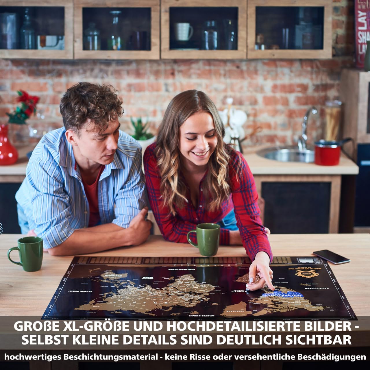 Extra Große Rubbel-Weltkarte Schwarz-Gold Leicht Einzurahmen – XL Karte Abkratzen Schwarz – Das beste Geschenk einer Weltposter für Reisendefür Reisende – Inkl. Zubehörset – Scratch off World Map