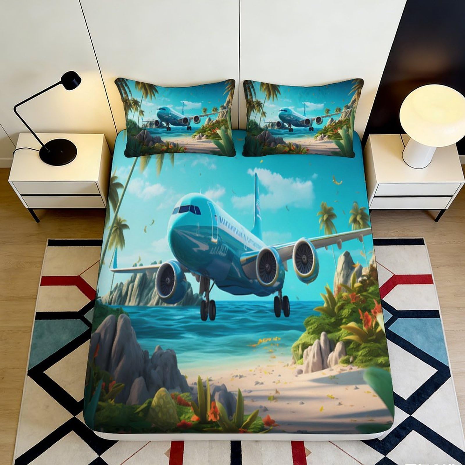 3D Printed Tropical Airplane Fitted Sheet Microfiber Soft Durable Beach Scene Bed Cover for Bedroom Dormitory Guest Room Mattress Protection Decor 120x200x25cm