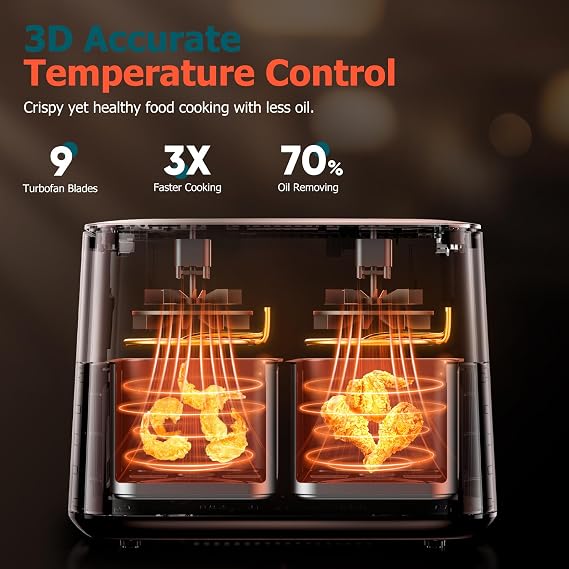 9L Dual Air Fryer with Visual Window, XL Large Capacity, 2 Drawers, 9-In-1 Cooking Presets, Touch Screen, Smart Finish, Timer Function, Dishwasher-Safe, Healthy Oil Free & Low Fat Cooking