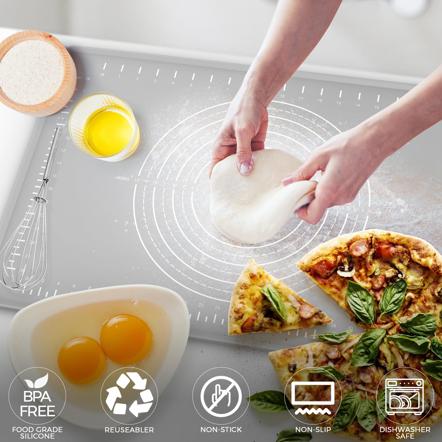 Silikon-Backmatte, 81,3 x 61 cm, extra dicke Teigrollmatte mit Messungen und Kantenerhöhung, antihaftbeschichtet, lebensmittelechtes Silikon, Gebäckmatte für Gebäck, Brot, Kekse, Pizza, Fondant,