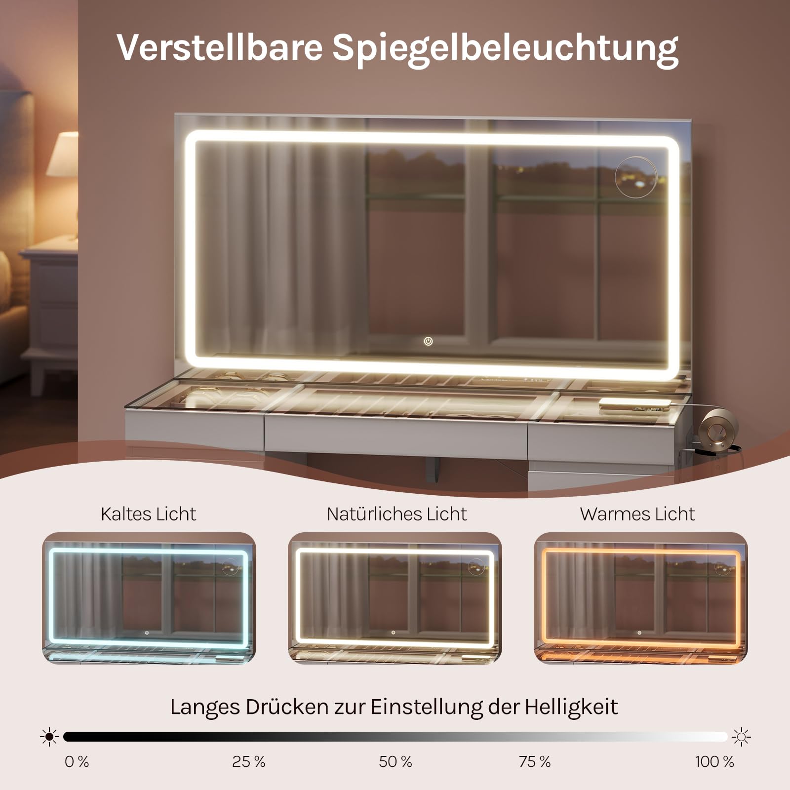 WOLTU Schminktisch mit Beleuchtung, Glasplatte und großer Spiegel