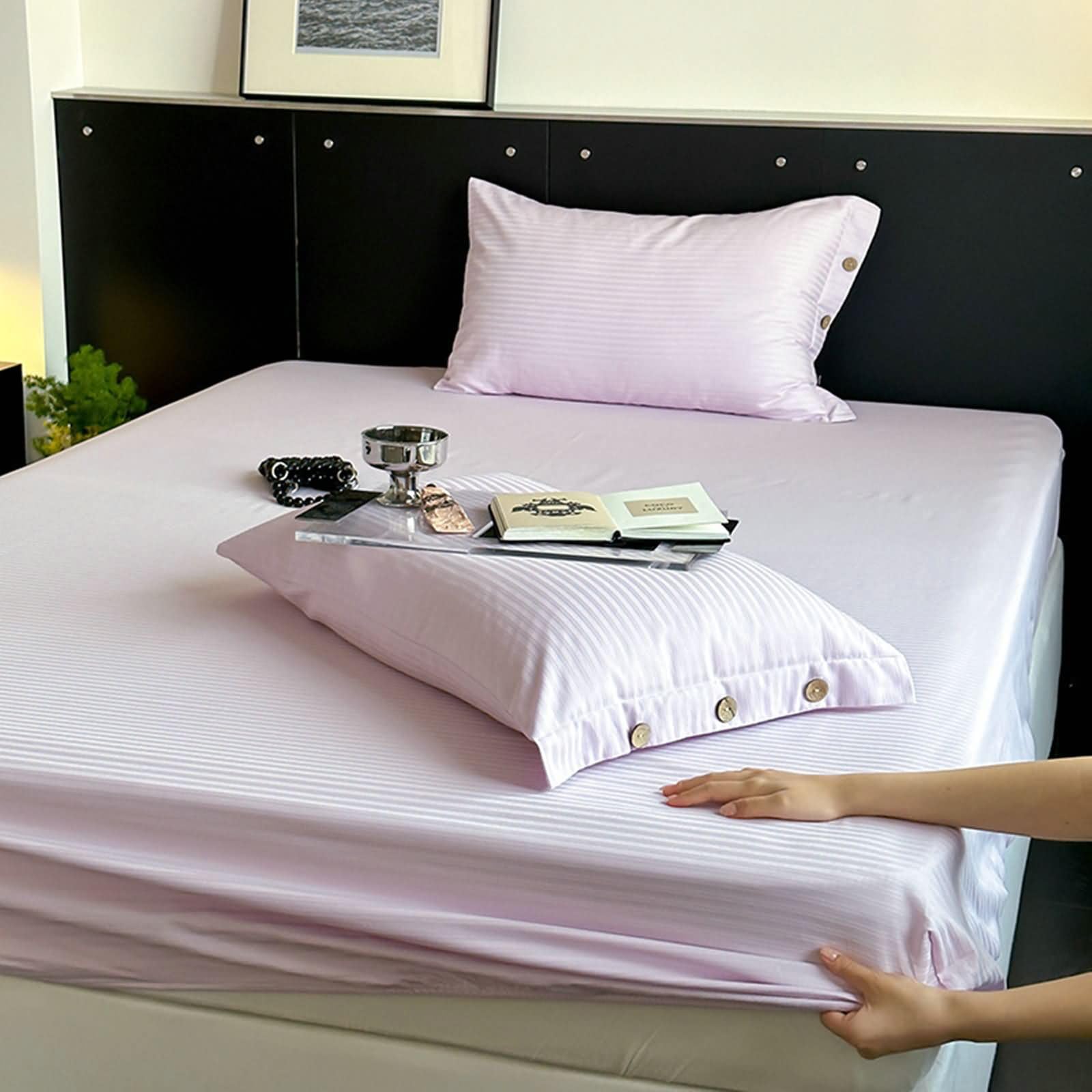 KnSam Drap Housse 150x200cm, en Coton Doux, Jacquard Fines Rayures, Couvre Matelas Doux, Lilas