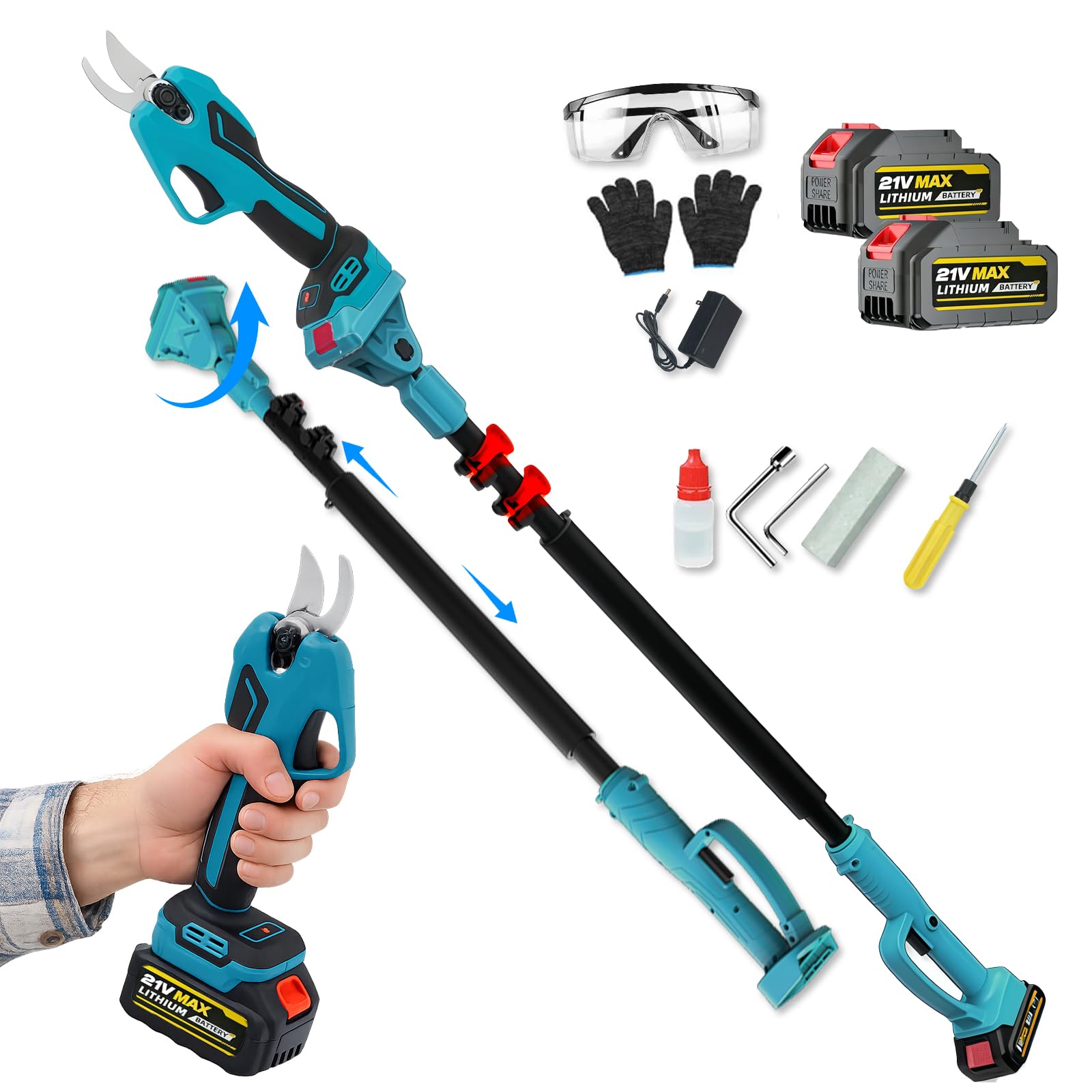 Tijeras de podar telescópicas con batería: equipadas con dos baterías de 4000 mAh, cuchillas SK5 de 40 mm, 4,5 metros de longitud total, para cortar árboles arbustos y setos