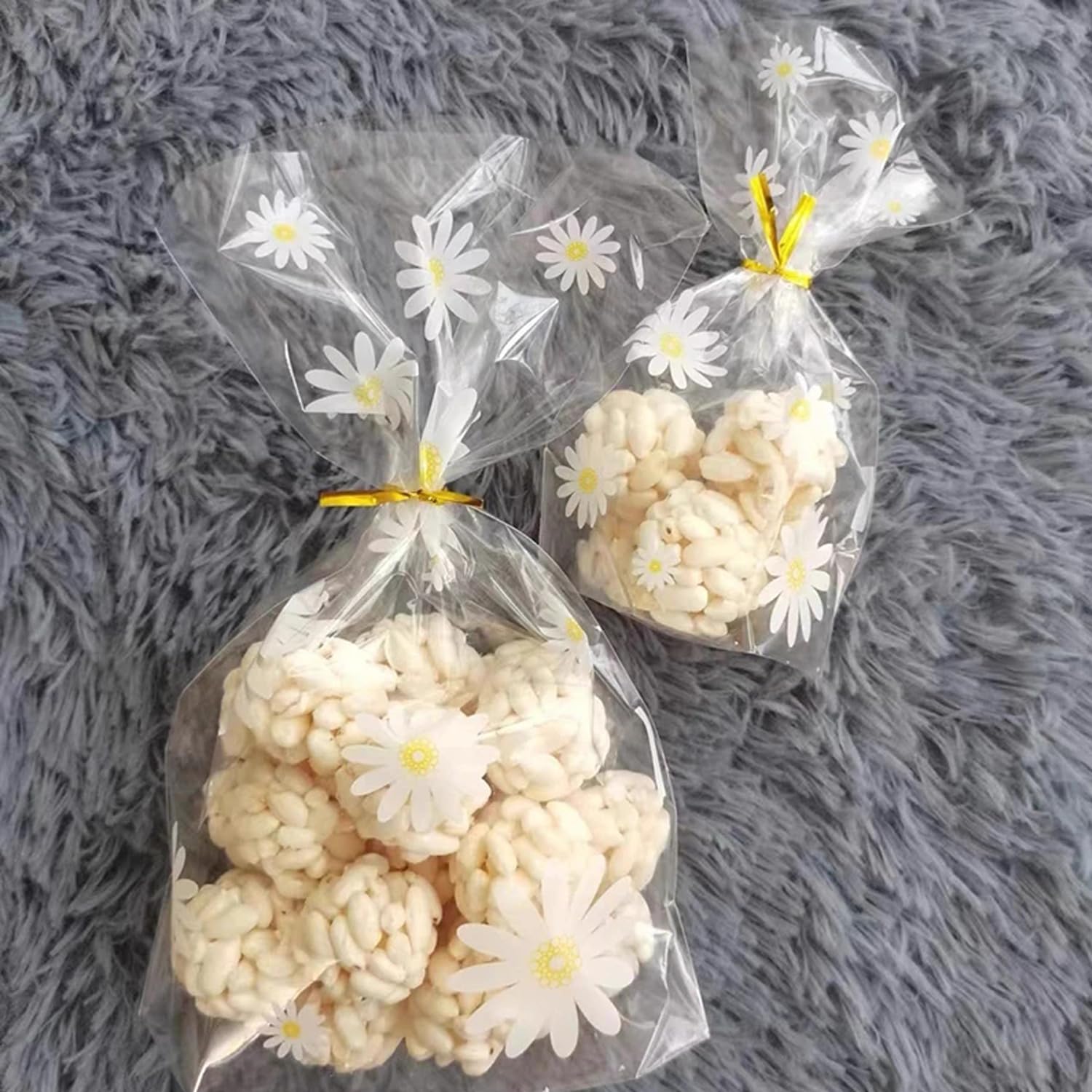 100 Stück Gänseblümchen Süßigkeitentüten Mit Zwickel – 15x22,9 Cm, Mit Goldenen Bindebändern