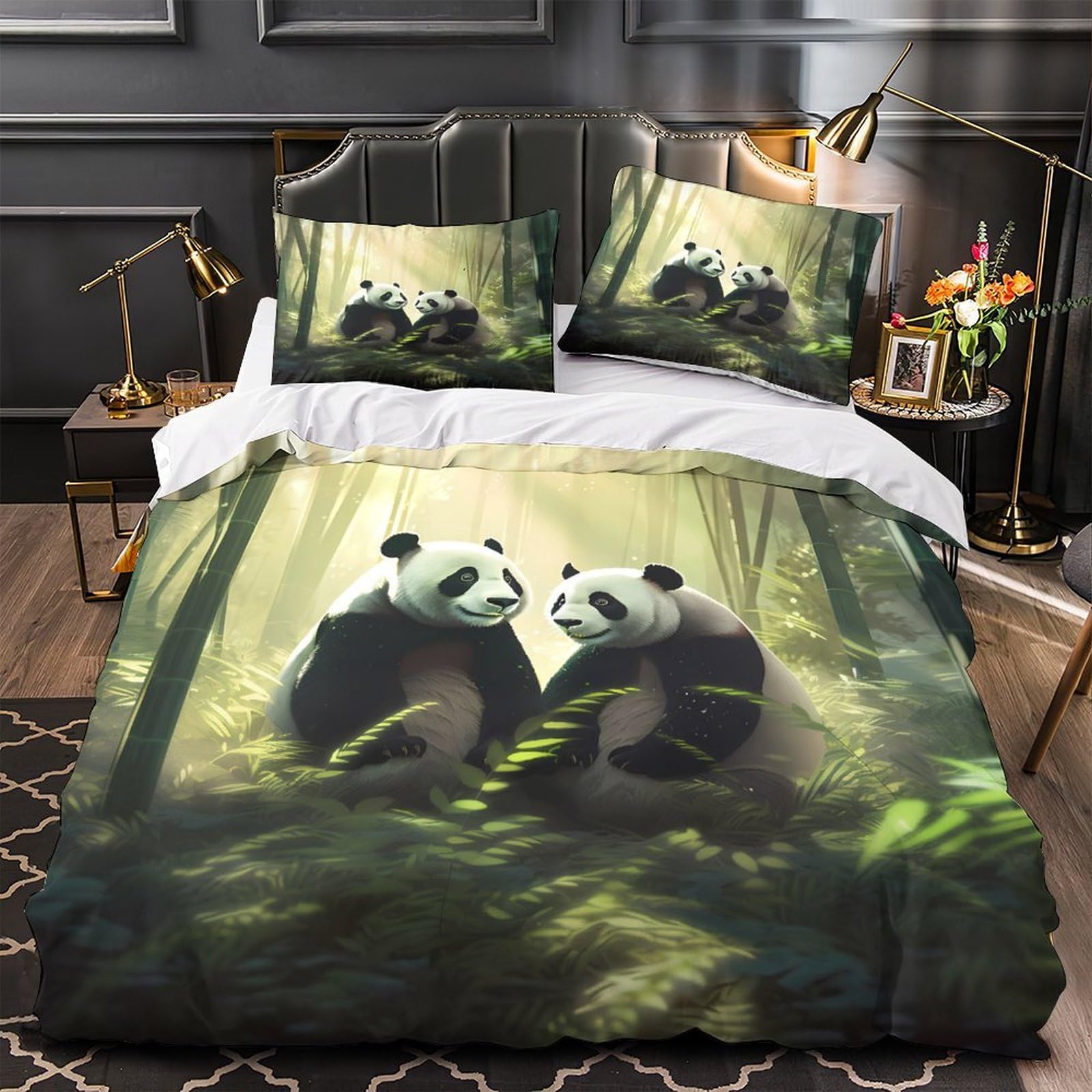 Panda-Pärchen 3D-Druck 3er-Set Steppbezug Waldszene-Kunst Bettdeckenbezug Mikrofaser Reißverschluss Atmungsaktiv für Jungen Kinder Frauen Super King（260x220cm）