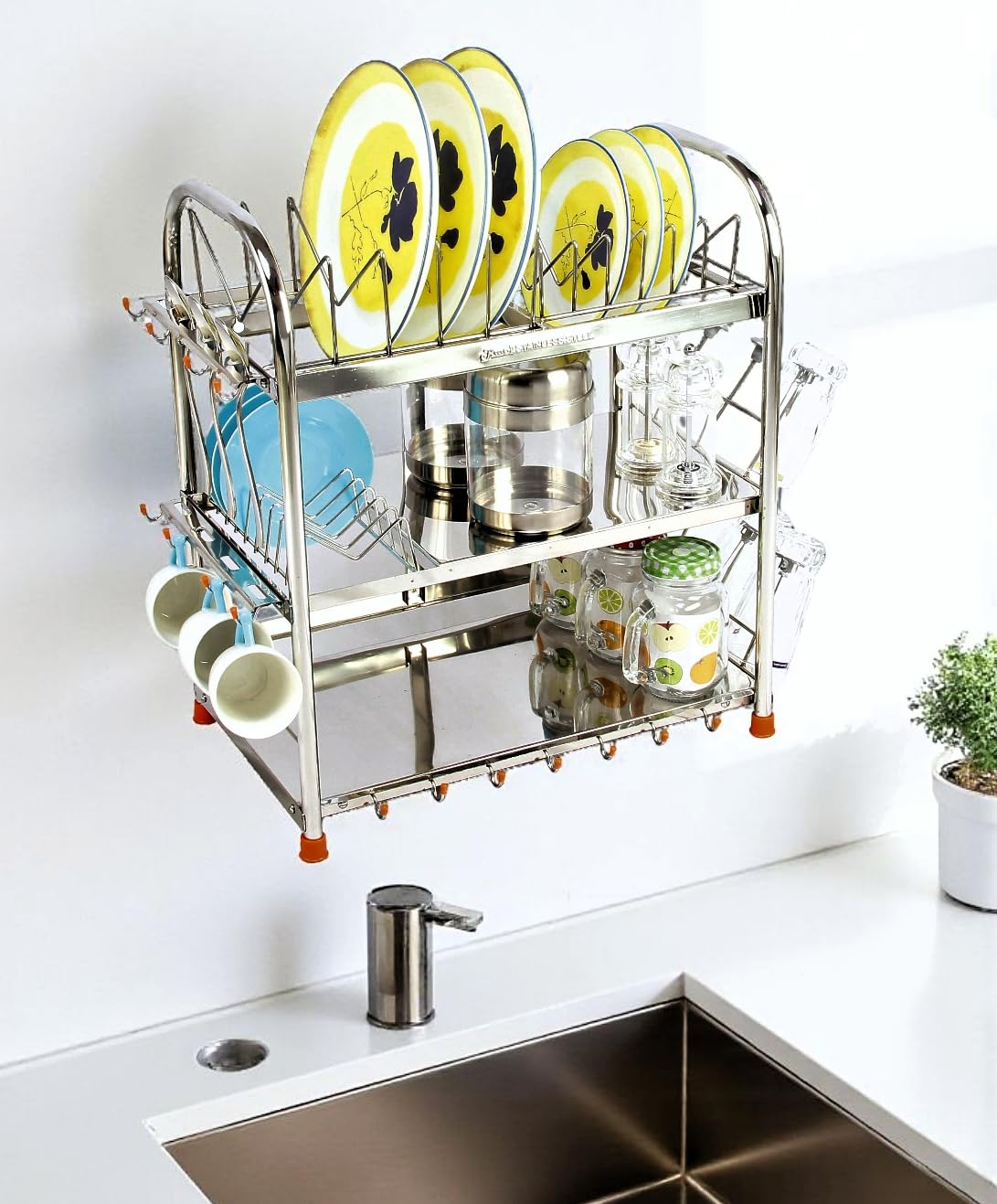 AMOL® Premium Stainless Steel Dish Rack | Plate Holder | Utensils Stand | Wall Mount Stand | Kitchen Organizer Rack | Pathiram Rack | 21 x 18 x 11 Inch Medium Size Kitchen Rack 3 Tier