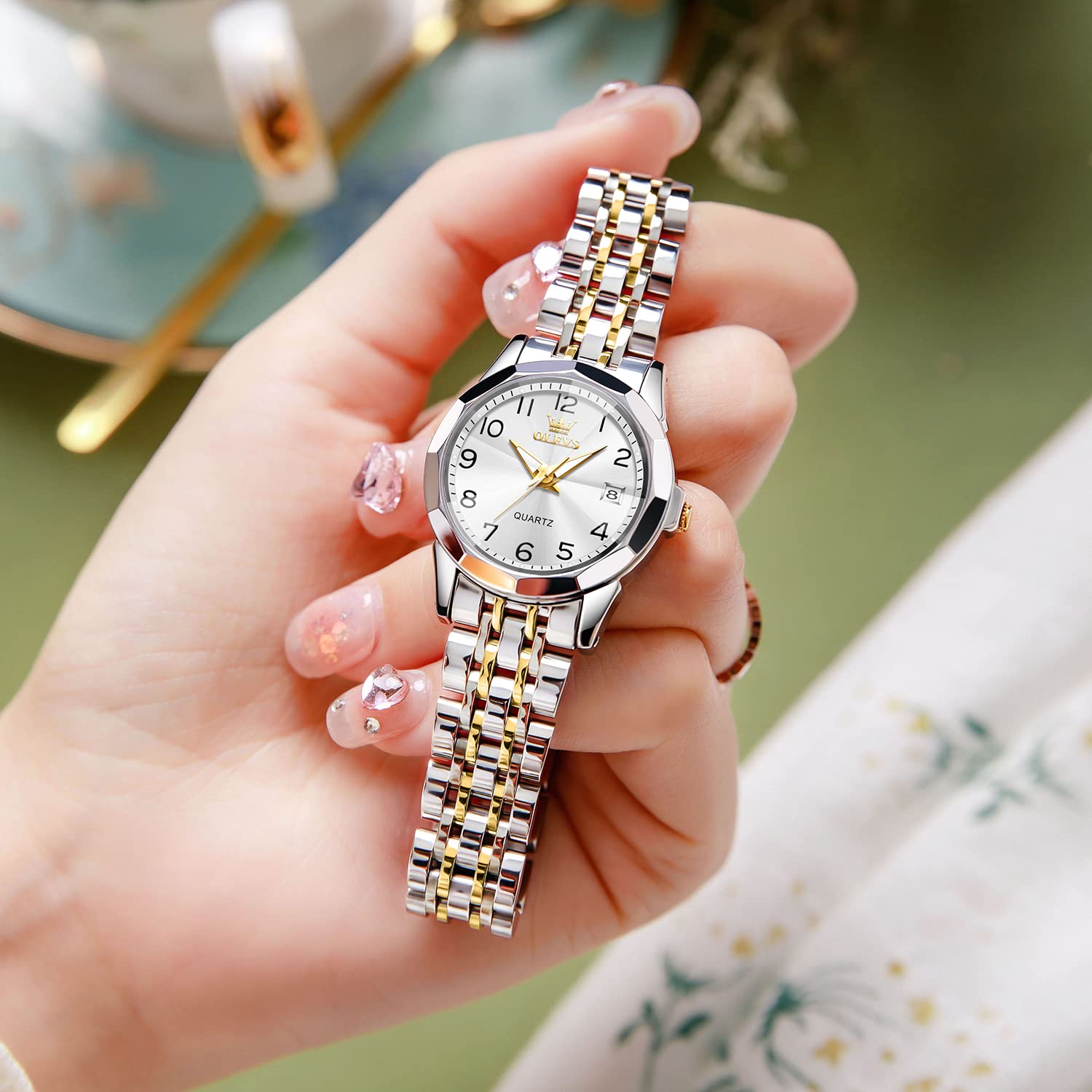 OLEVS Reloj de Pulsera para Mujer, con Diamantes de imitación, analógico, de Cuarzo, Acero Inoxidable, Impermeable, Luminoso, día, Fecha, Dos Tonos