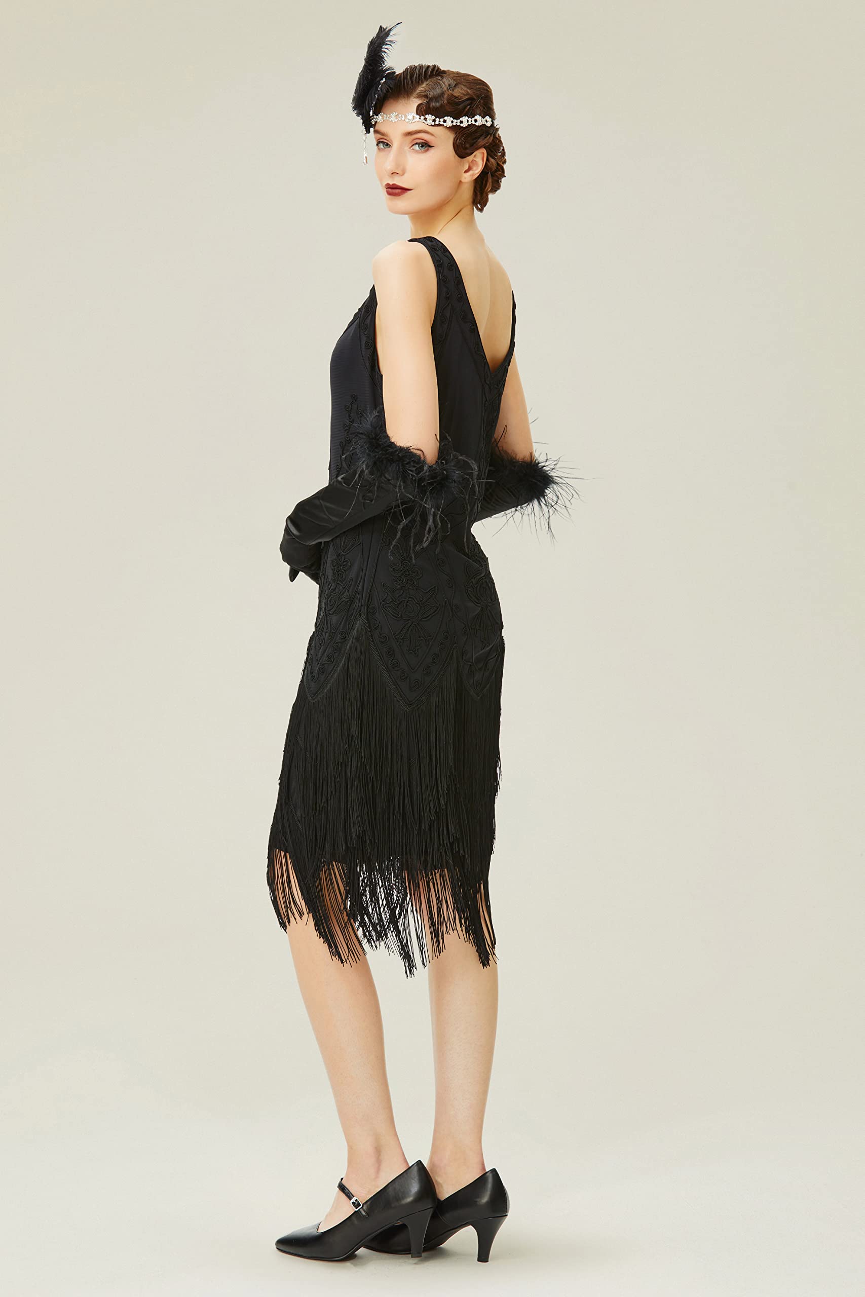 Babyond Robe à franges style années 1920 - Noir - Taille S