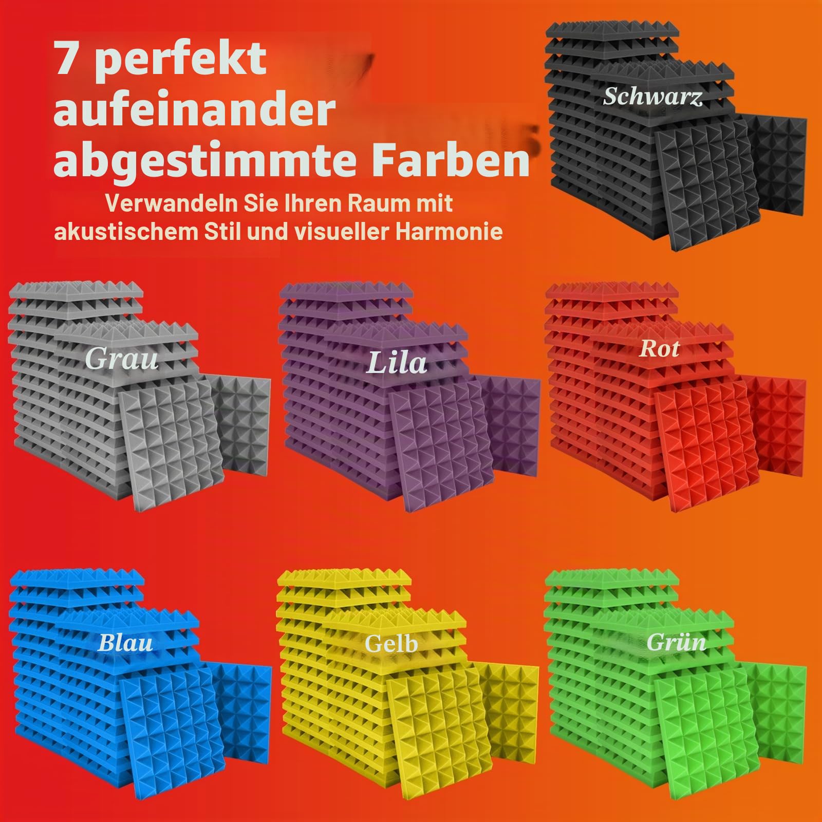 Akustikschaumstoffplatten, 30 x 30 x 5 cm, schalldichte Pyramiden-Schallschutzplatten für Wände, hochdichte, feuerbeständige Schallschutz-Schaumstoffe für Studio-Wände und Decken, 6 Stück