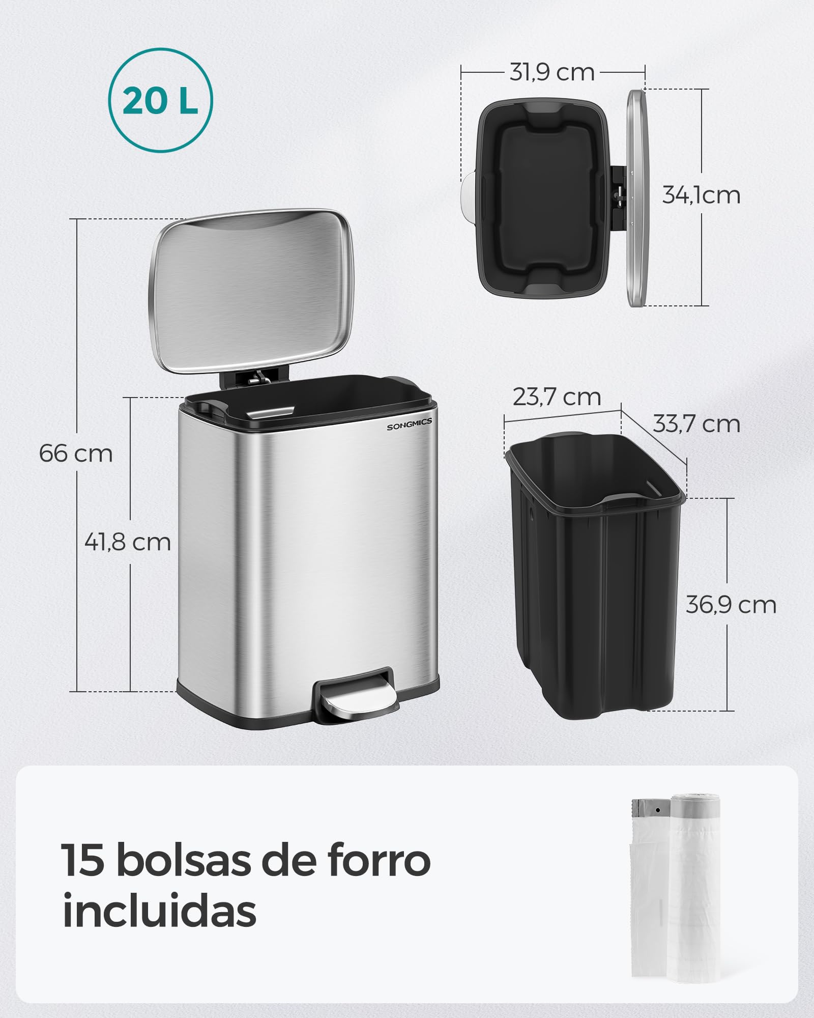 SONGMICS Papelera de Cocina, Cubo de Pedal de 20 L, Cubo de Basura, Tapa de Cierre Suave, Permanece Abierta, Cubo Interior, Incluye 15 Bolsas de Basura, Plata Metálico LTB543E01
