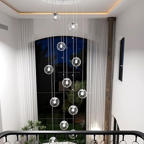 Miniatura 351 de Escalera LED de 10 luces LED moderna con globo de cristal, lámpara colgante grande para techos altos, accesorios de iluminación de entrada, villas y