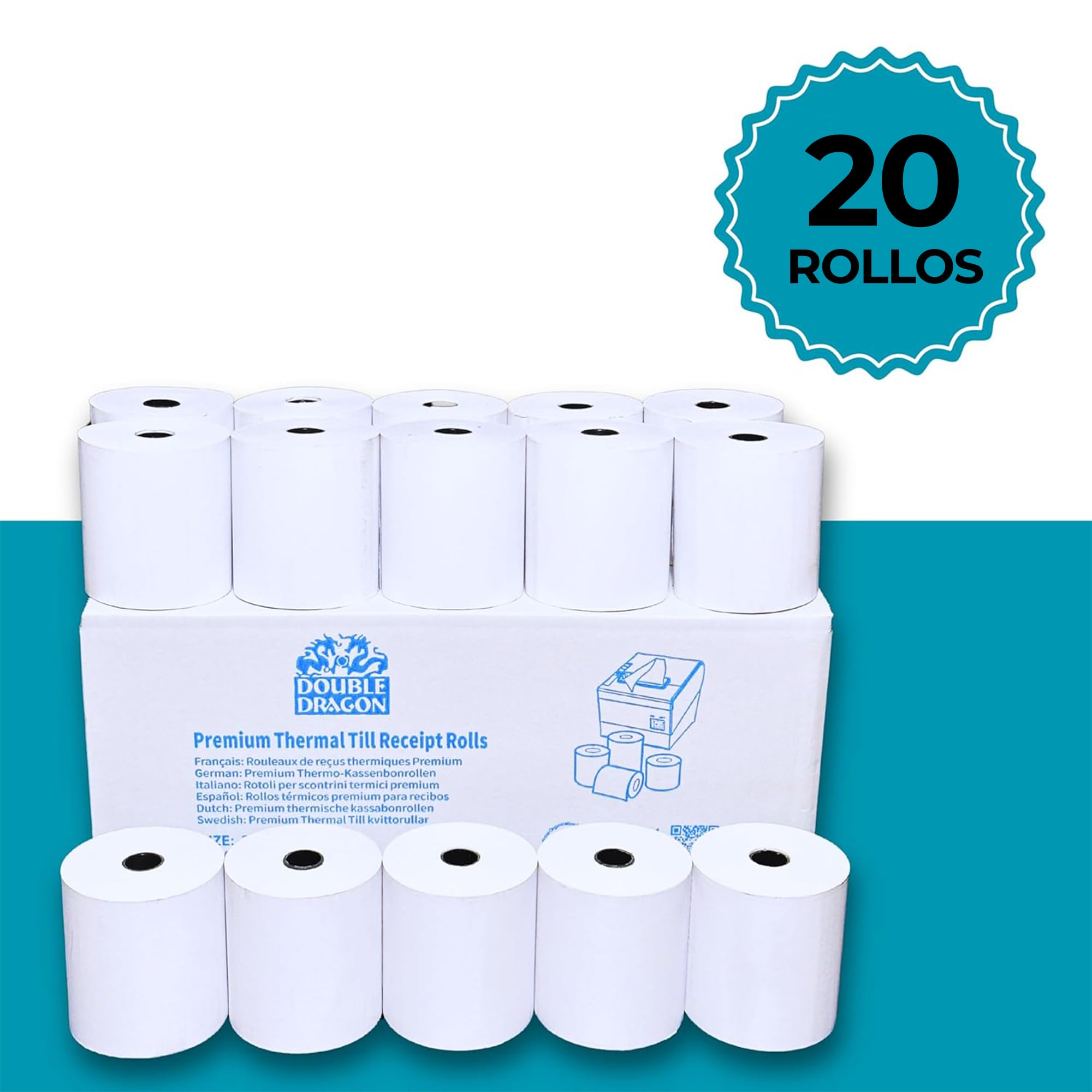 Double Dragon 76 x 76 mm, Rollo de Papel Autocopiativo de 3 Capas para Impresora de Cocina, Calculadora de Impresión, Impresora de Recibos No Térmica POS, Impresora de Impacto Matricial | 20 Rollos