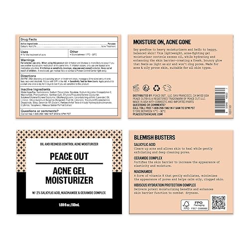 Miniatura 2 de PEACE OUT Gel hidratante para el cuidado de la piel, para uso facial diario con ácido salicílico y niacinamida, aumenta la hidratación y ayuda a