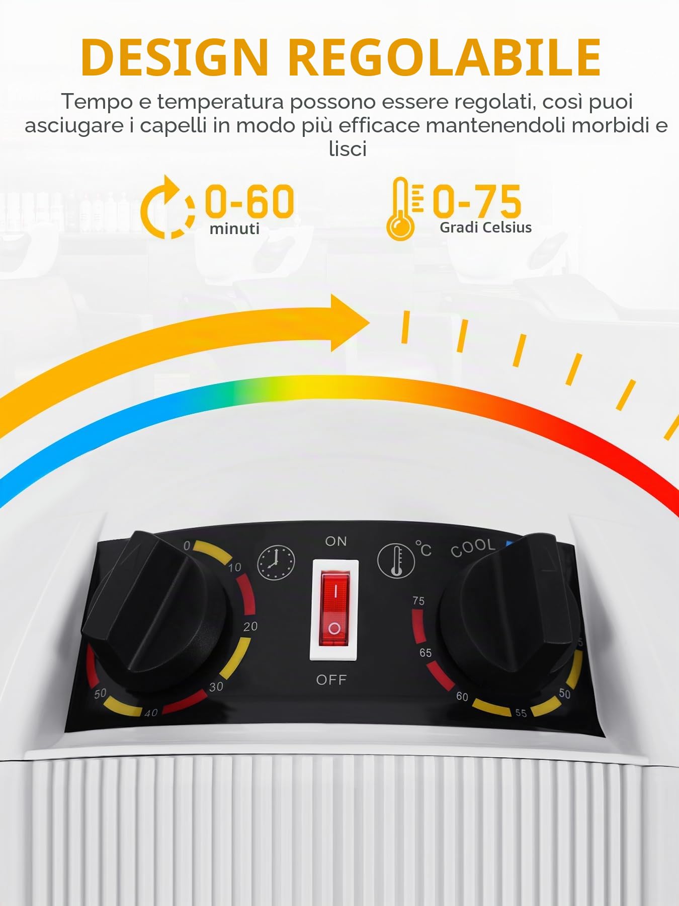 Professionale 1050W Asciugacapelli con treppiede, altezza regolabile 78-128 cm, timer 0-60 min, temperatura 0-75°C