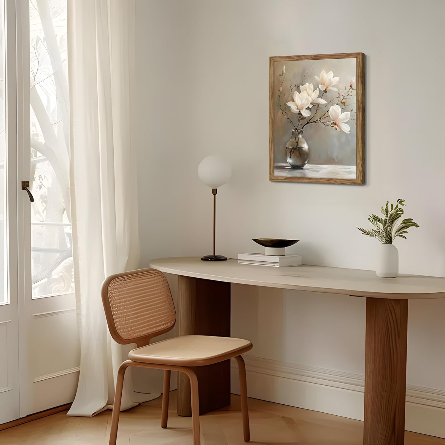 Framed Flower Canvas Wall Art, White Magnolia Branch in Vase Poster Prints, Elegant Nature Still Life Botanical Artwork, Modern Minimalist Wall Decor for Living Room Bedroom Bathroom 16x24in