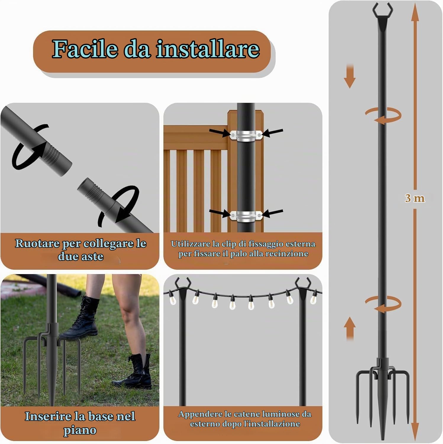 Pali di Supporto per Luci Esterno, 2 Pezzi 3M (10FT) per Ghirlande Luminose da Giardino, Pali in Metallo con Base a 5 Raggi, Antiruggine e Facile Installazione per Terrazzo, Feste e Decorazioni