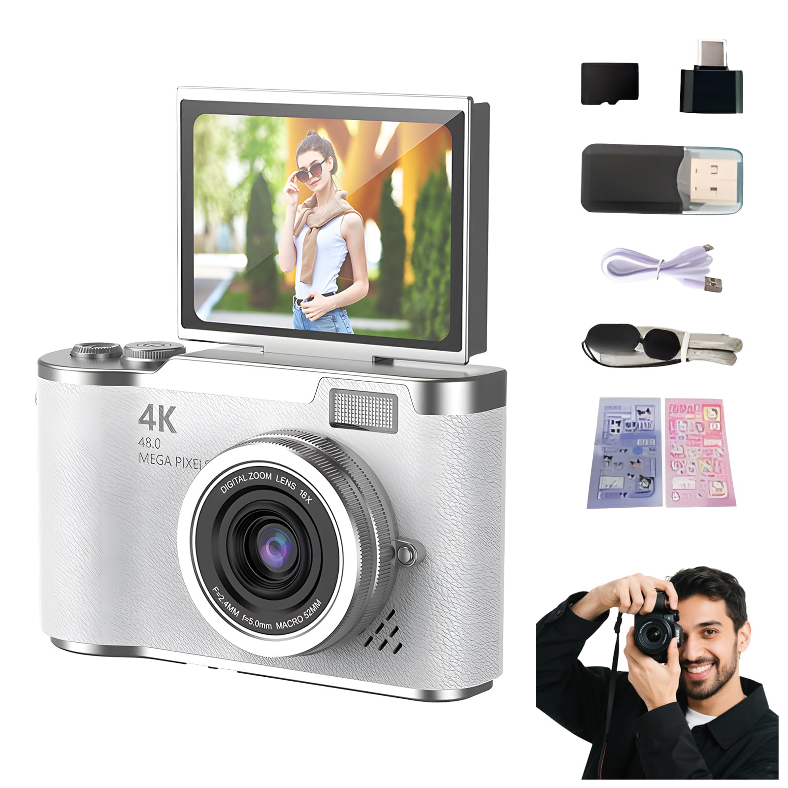 4K Foldable Screen Student Camera, Point and Shoot Digital Cameras with 32GB TF Card, Portable Camera FHD 48MP 4K Digital Camera with 8X Zoom Anti-Shake with Flip Screen (White, Camera Kit)-image-8