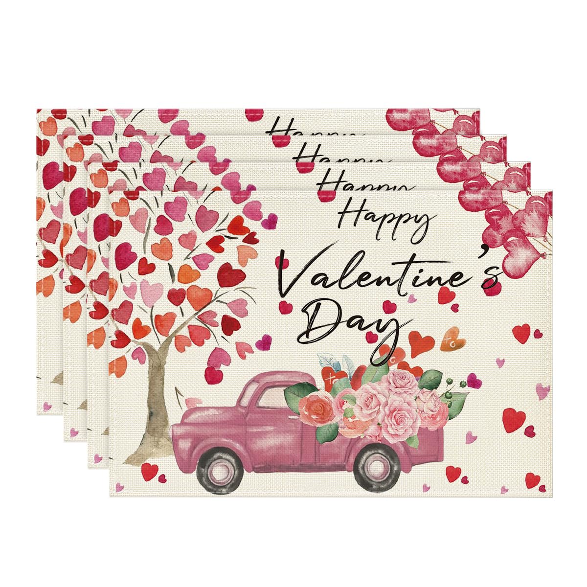 Photo 1 of Artoid Mode Heart Tree Truck Happy Valentine's Day Placemats Set of 4, 12x18 Inch Seasonal Spring Table Mats for Party Kitchen Dining Decoration 12" x 18", Placemats Set of 4 Pink