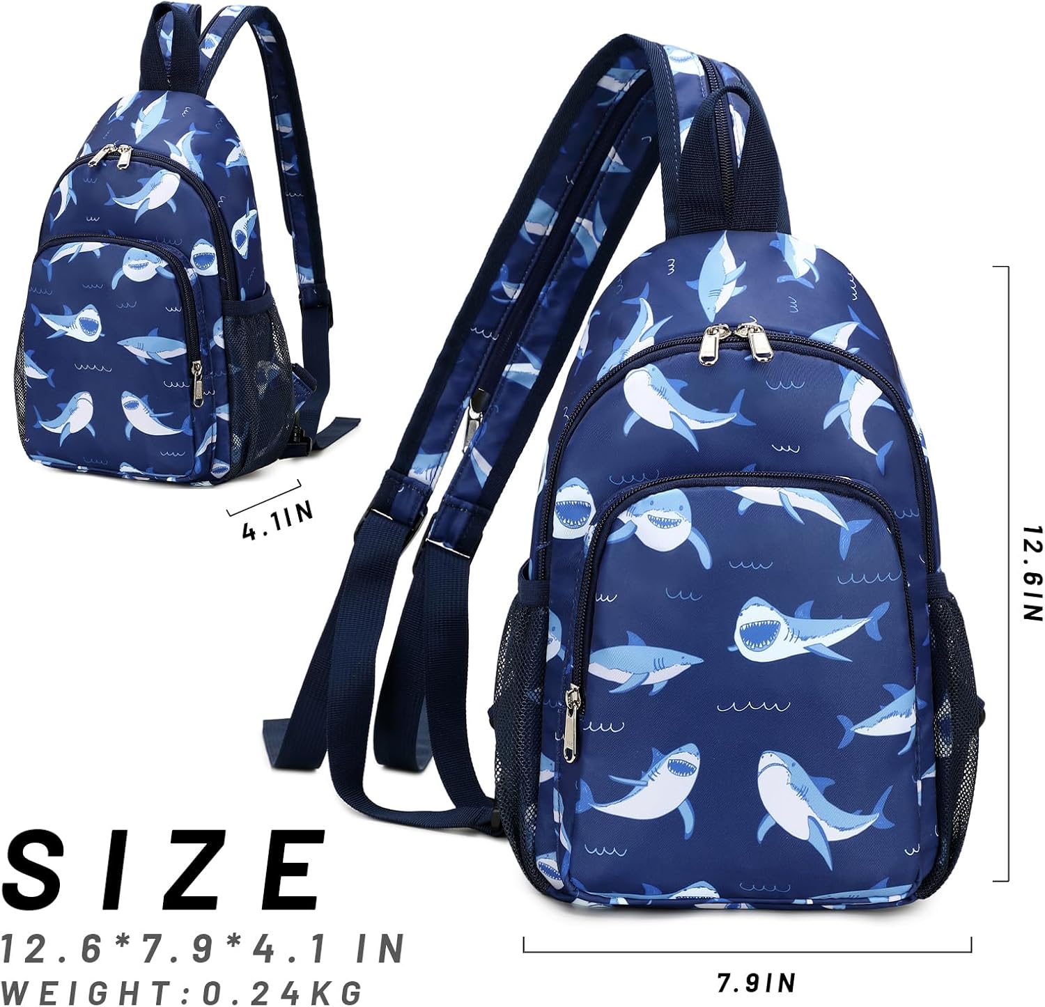 Crossbody Bag Kids Sling Bag Shoulder Bag Chest Pack Small Ocean Shark Backpack Boys Travel Cycling Skating 3-8 years old Navy Blue - Image 2