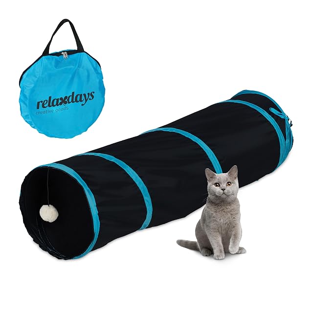 Relaxdays Túnel para Gatos Plegable, 88 x 25 cm, Tubo para Gatitos con Juguetes y Bolsa, Interactivo, Negro