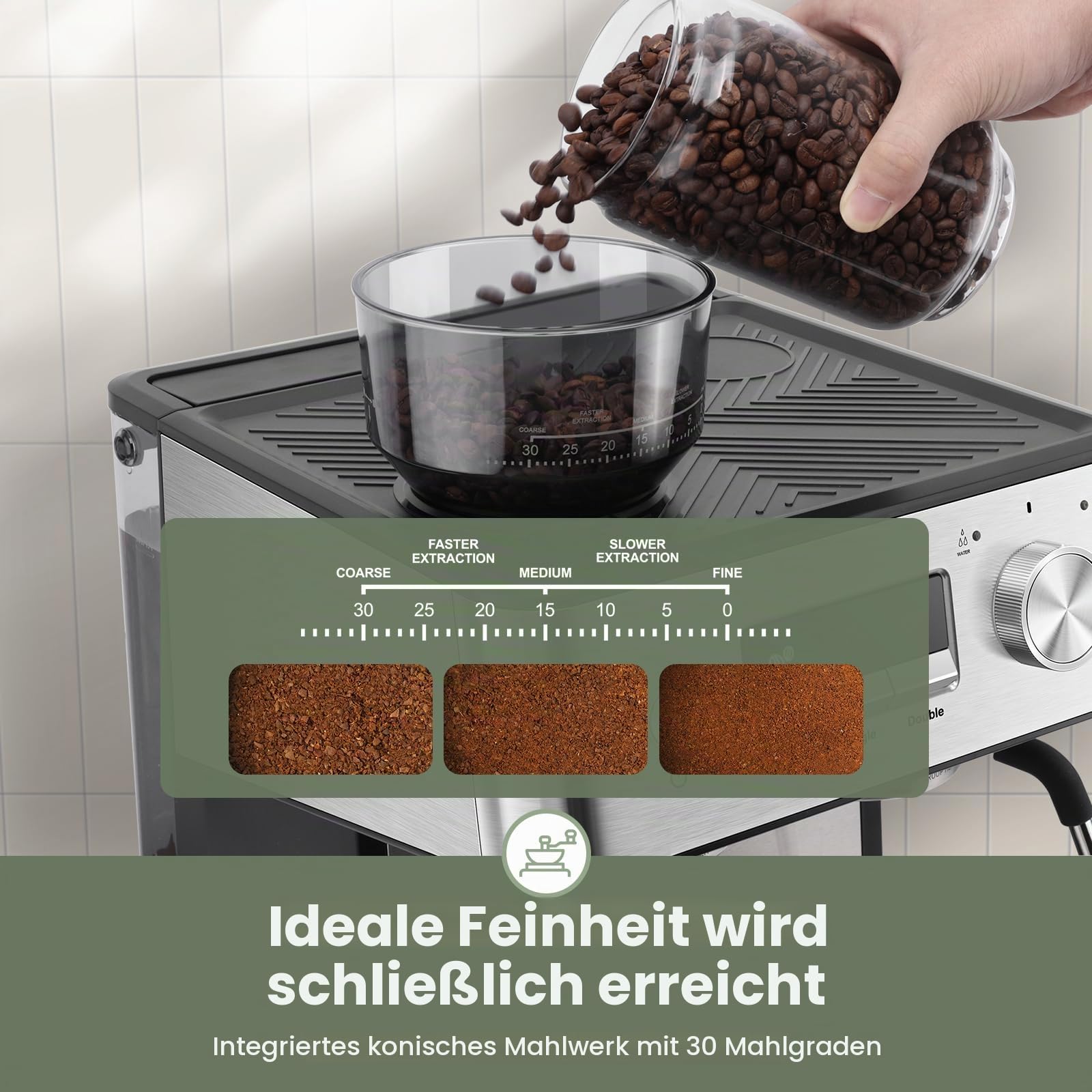 Gevi Espressomaschine 20 Bar mit integriertem Kegelmahlwerk und Milchschaumdüse, kompakte Kaffeemaschine für Hausgebrauch mit abnehmbarem Wassertank, für Cappuccino, Latte, Espresso und Americano