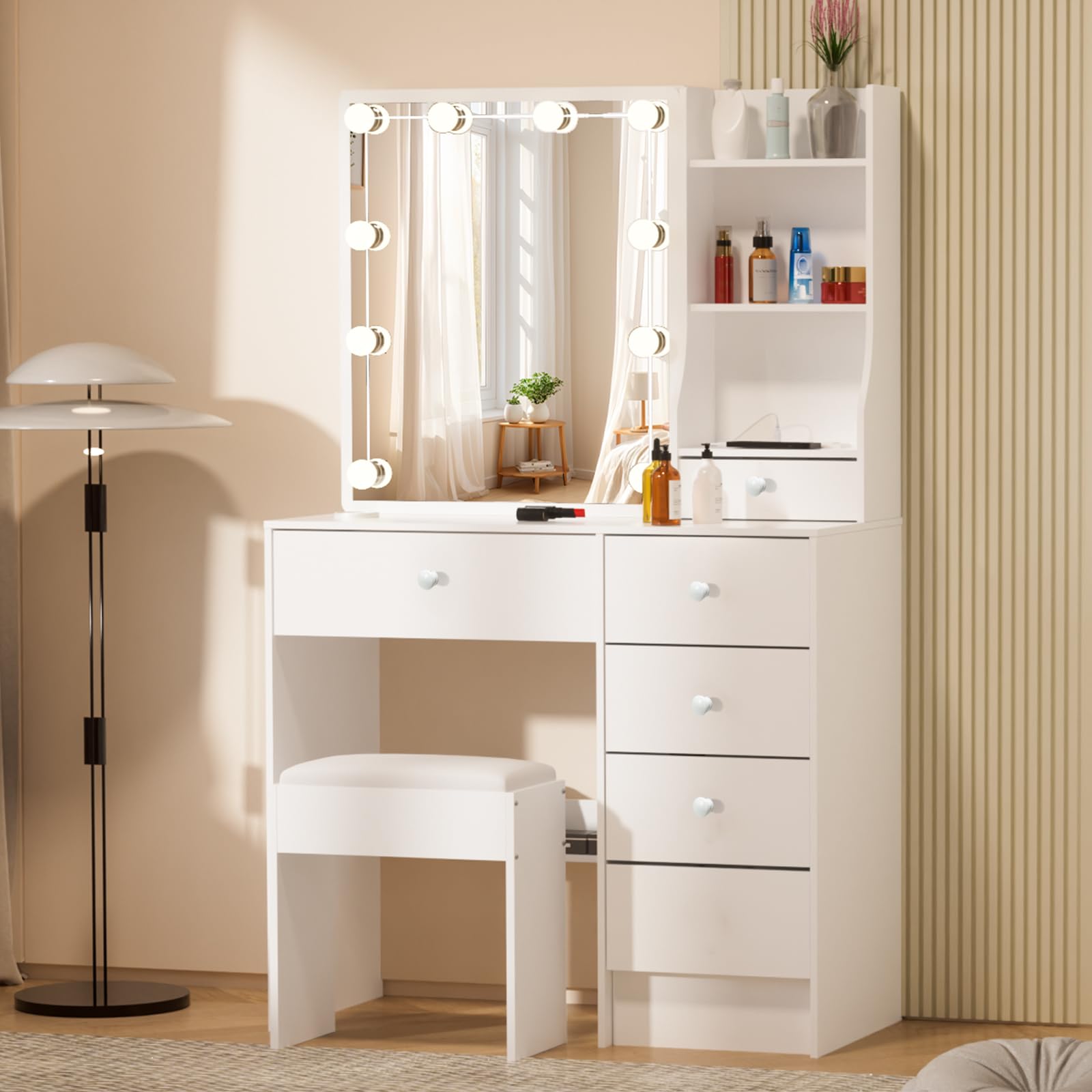Saimeihome Vanity Desk with LED Mirror, Dressing Table with 3 Light Colors and Adjustable Brightness, Vanity Table with Stool, 6 Drawers, 3 Open and 3 Hidden Shelves– 80x36x131 cm — image 1