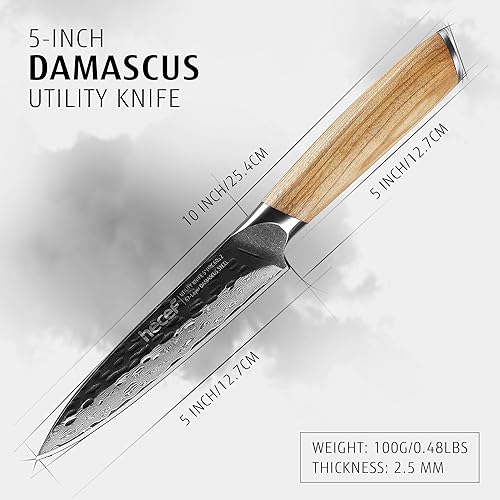 Miniatura 4 de hecef Cuchillo Santoku de Damasco de 7 pulgadas, cuchillo de chef japonés profesional para el hogar, cocina, restaurante, cuchillo ultra afilado de