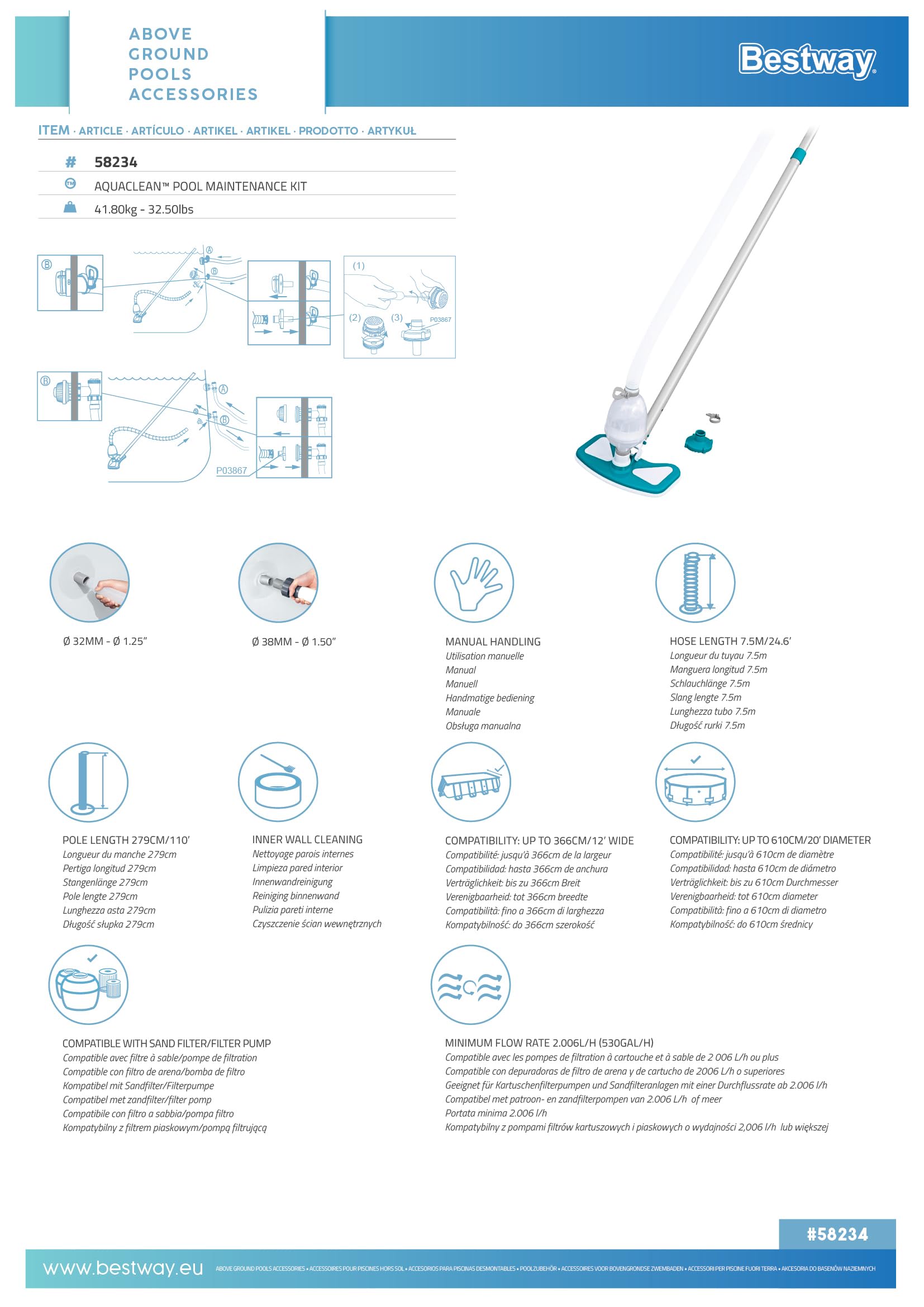 Bestway Kit de Nettoyage pour Piscine AquaClean™, aspirateur, épuisette, Tuyau