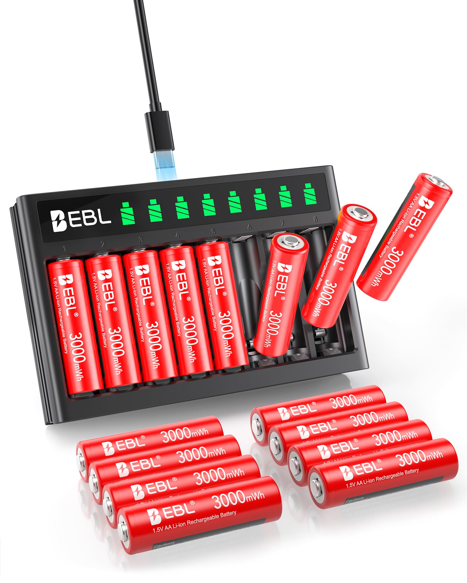 EBL Rechargeable AA Lithium Batteries with Charger, 16Pack 1.5V 3000mWh