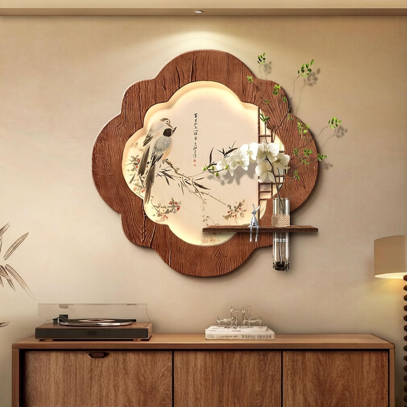 RASJCGRCOA 3d sandstone wall art decor with floating shelf led-illuminated landscape decorative art modern picture wall chinese creative landscape mural(C,35.4 * 35.4in/90 * 90cm)